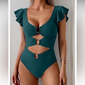 🐝NWT Teal ruffle sleeves Cutout One-Piece Swimsuit S